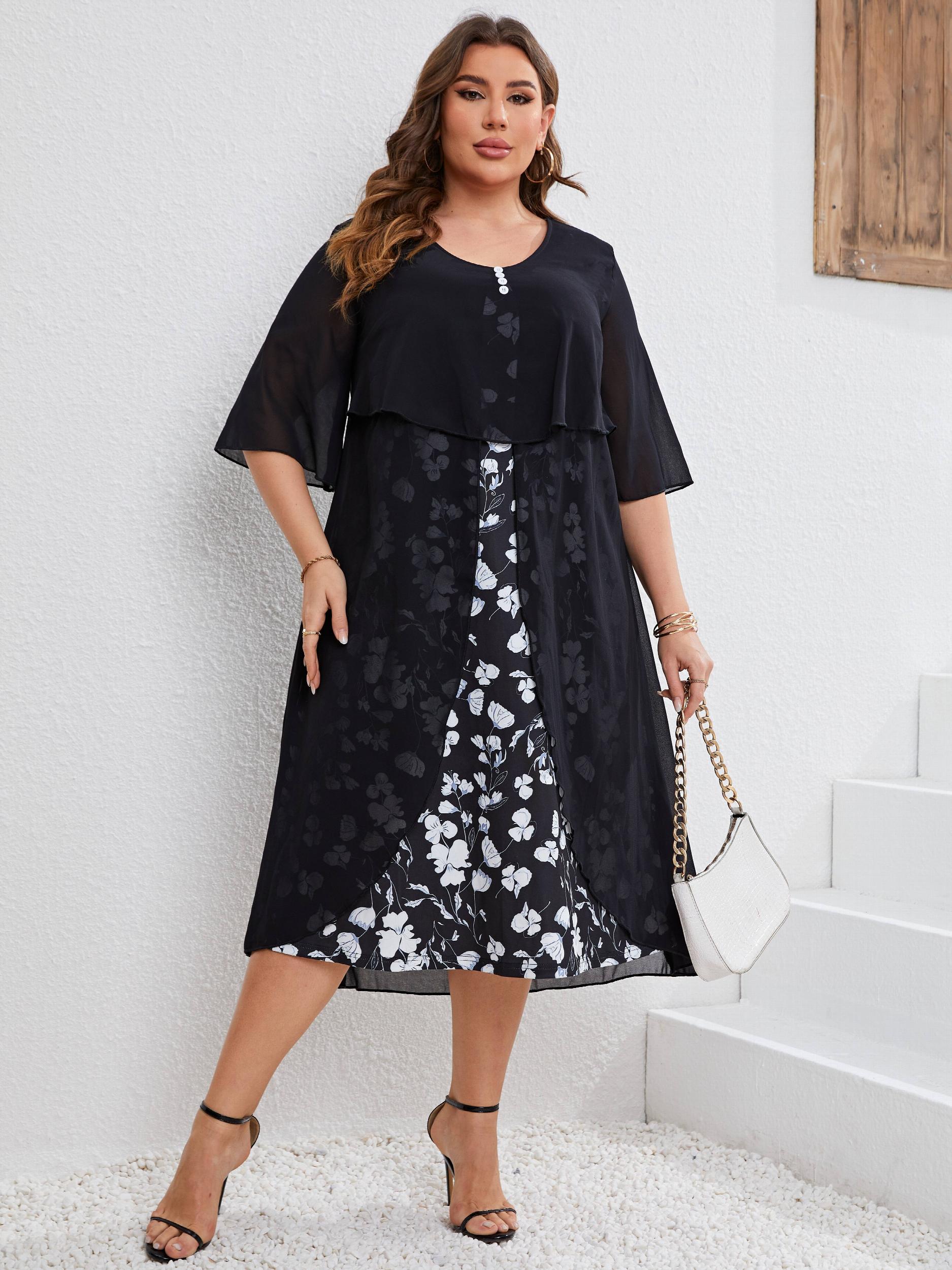  Women's Floral Print Layered Sleeve Dress