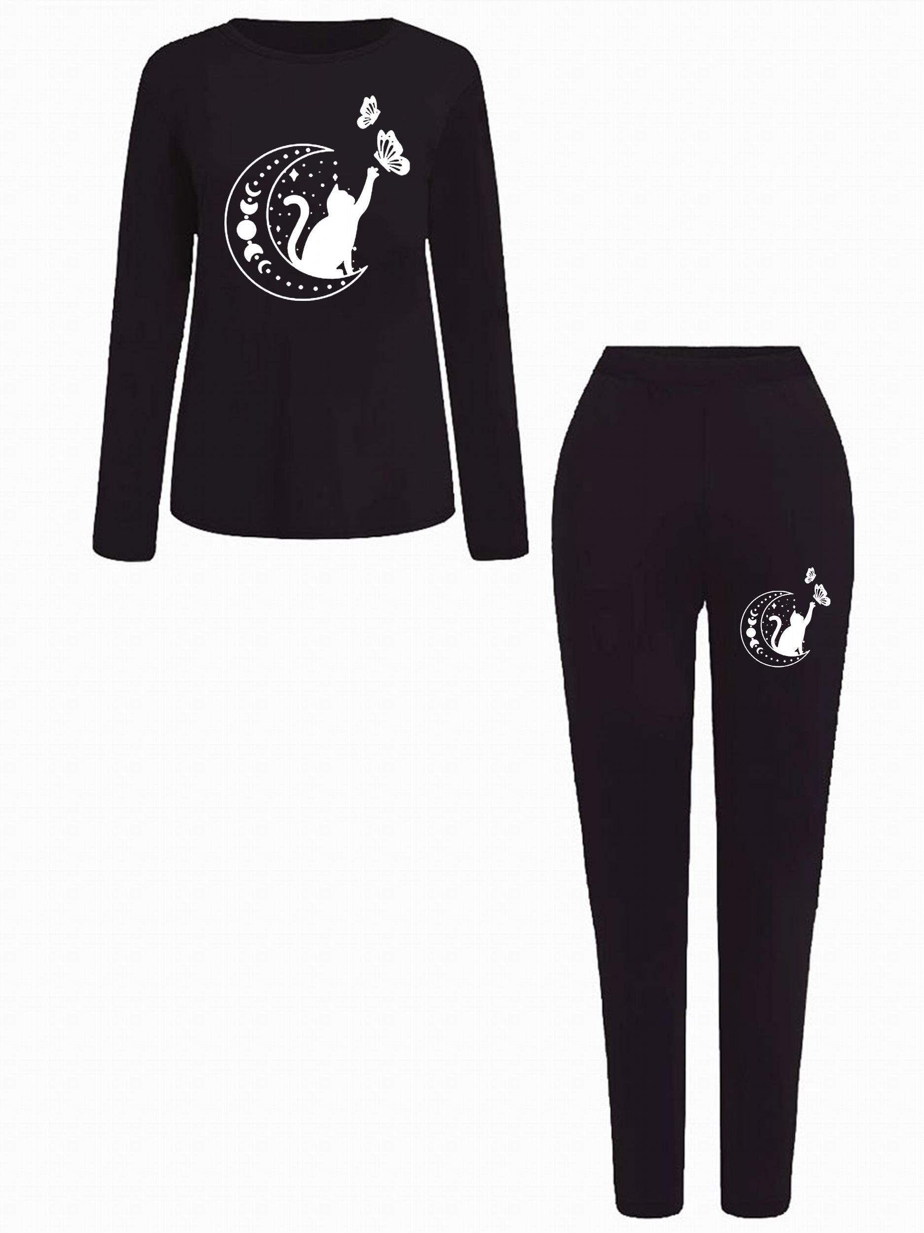 Cat & Moon & Butterfly Print Top & Leggings 2 Piece Set