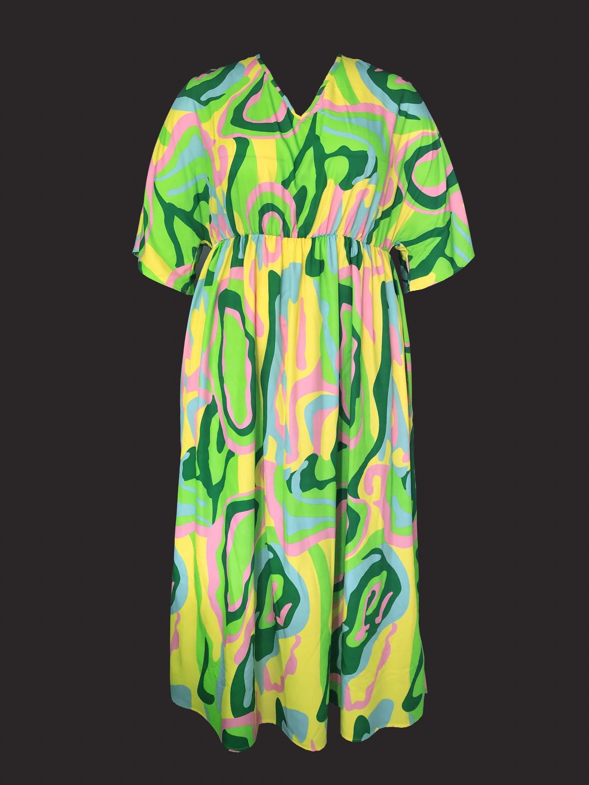  Maxi Dress - Stripe Print Batwing Sleeve V Neck Tie Back