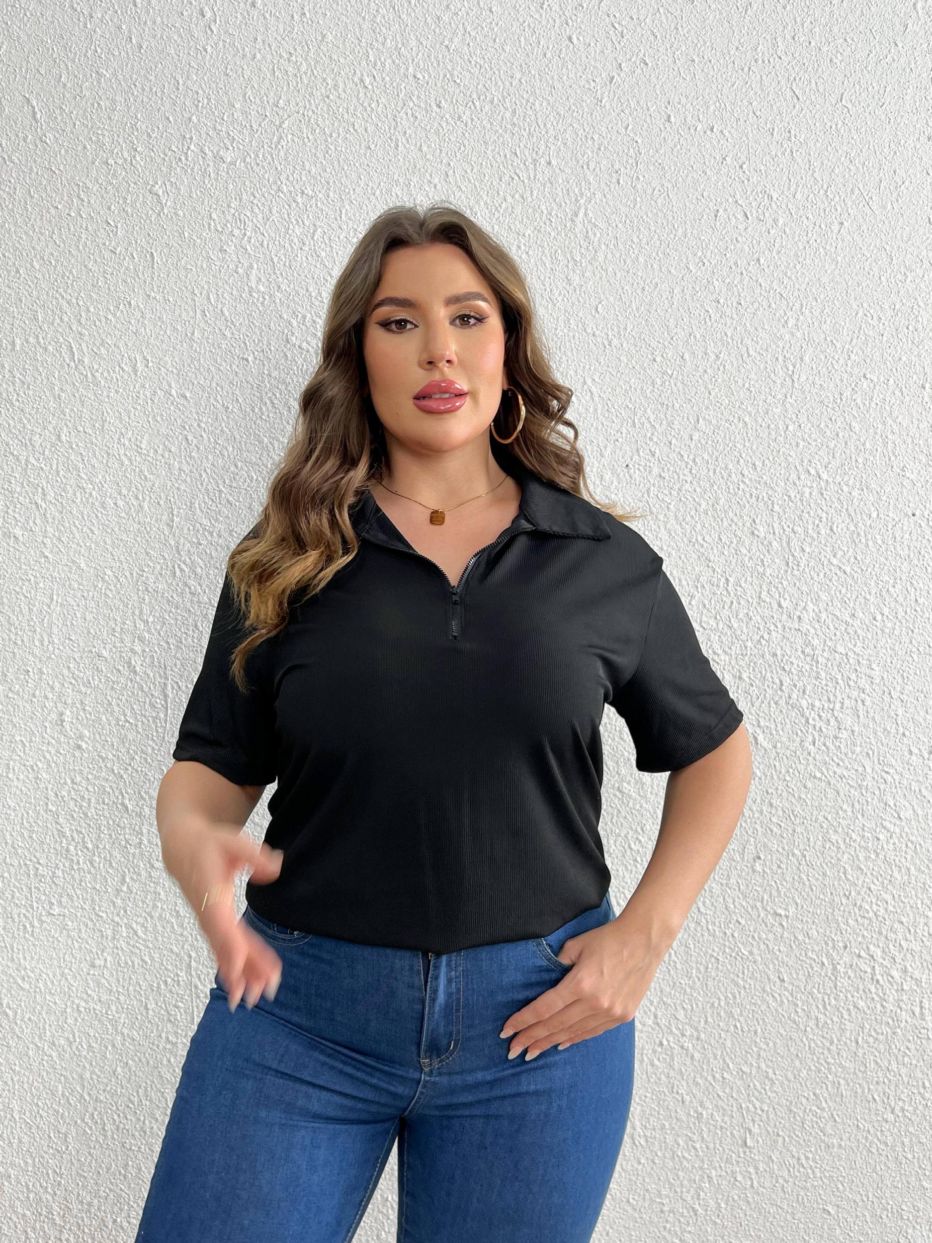  Solid Ribbed Half Zipper Short Sleeve Blouse