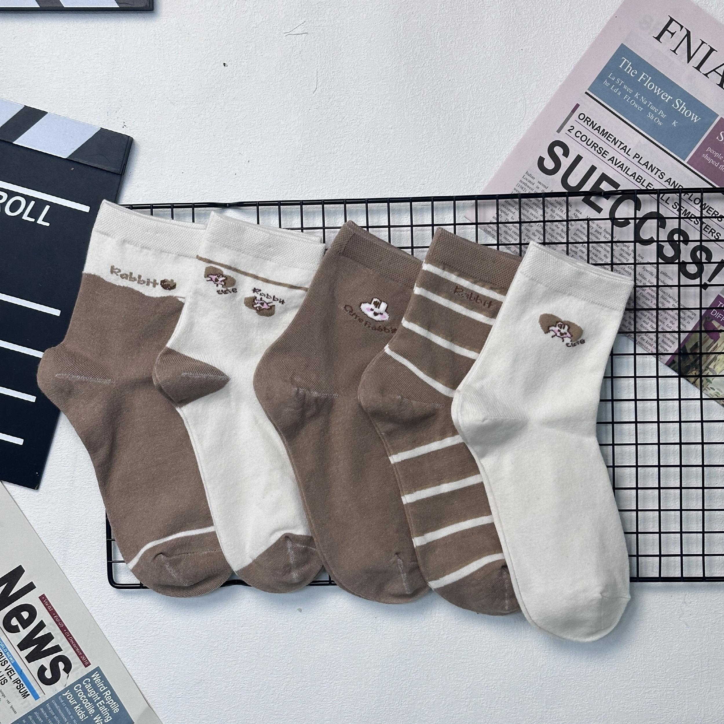 5 Pairs Cartoon Rabbit & Letter Print Socks Soft Mid Tube Women's Stockings