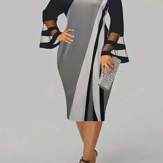  Colorblock Mesh Sleeve V Neck Dress