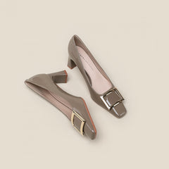Women's Square Buckle Pumps Square Toe Chunky Heels