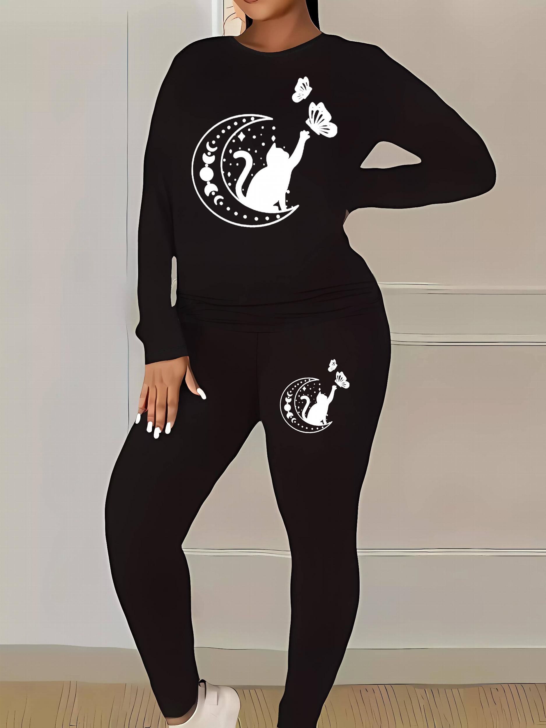  Cat & Moon & Butterfly Print Top & Leggings 2 Piece Set