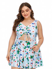  Daisy Print Cut Out Lace One Piece Swimsuit