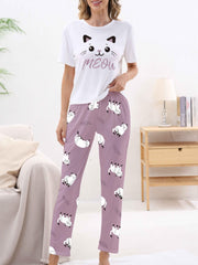 Cat Print Pajama Set Short Sleeve Crew Neck Top & Pants Women's Sleepwear