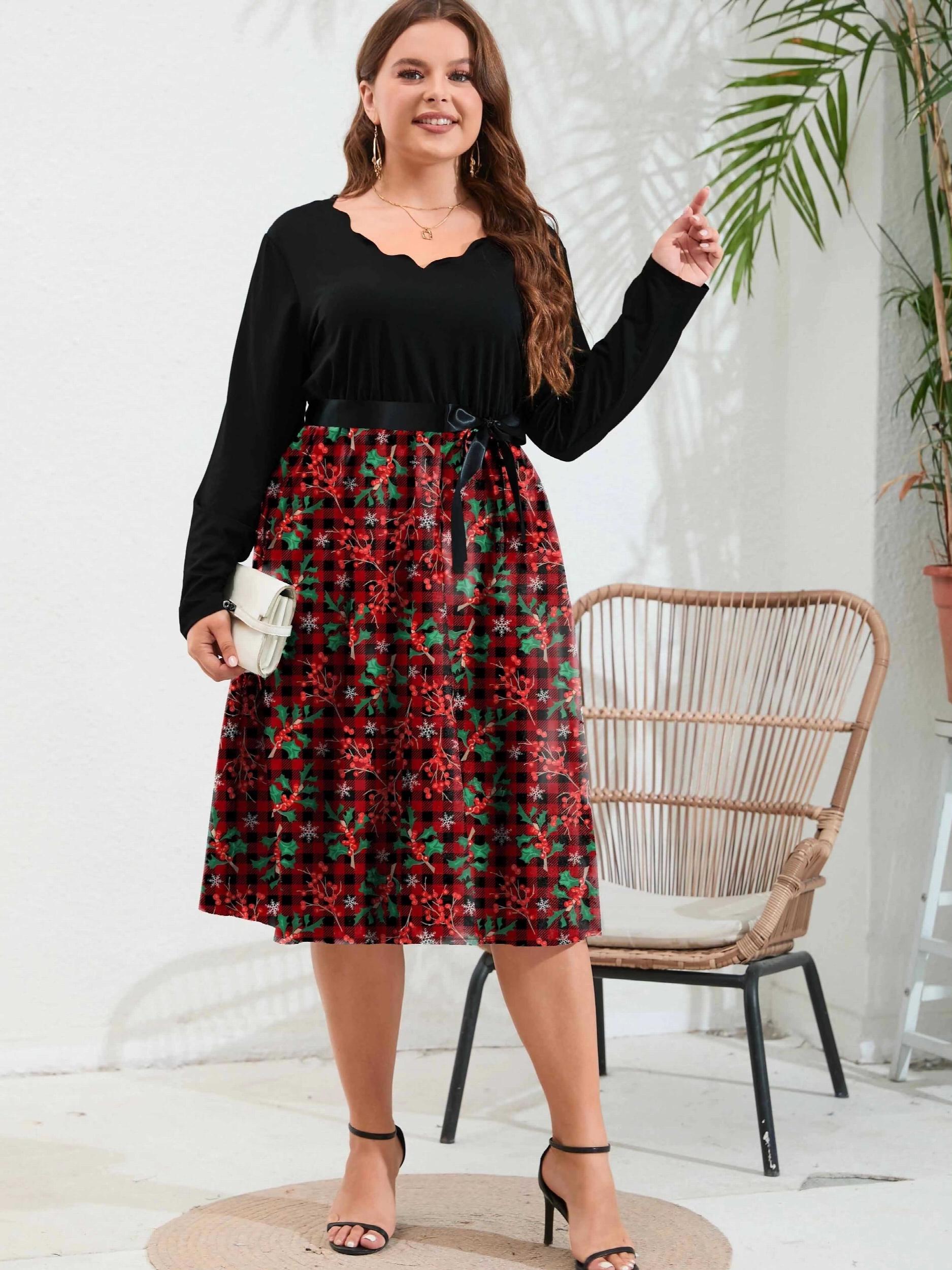  Colorblock Floral Print Scallop Trim Dress