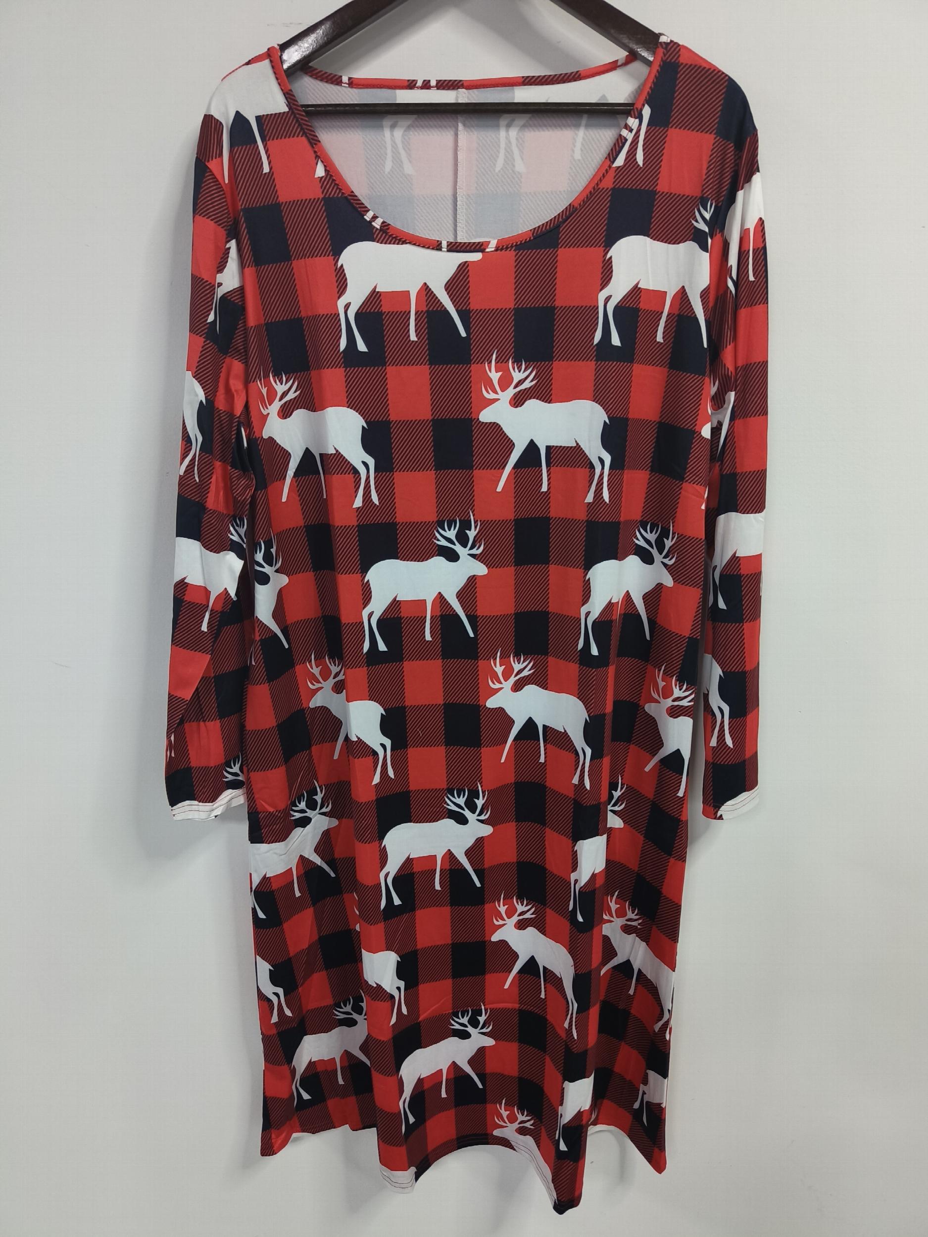  Christmas Casual Dress Women's Gingham & Deer Print Long Sleeve Dress