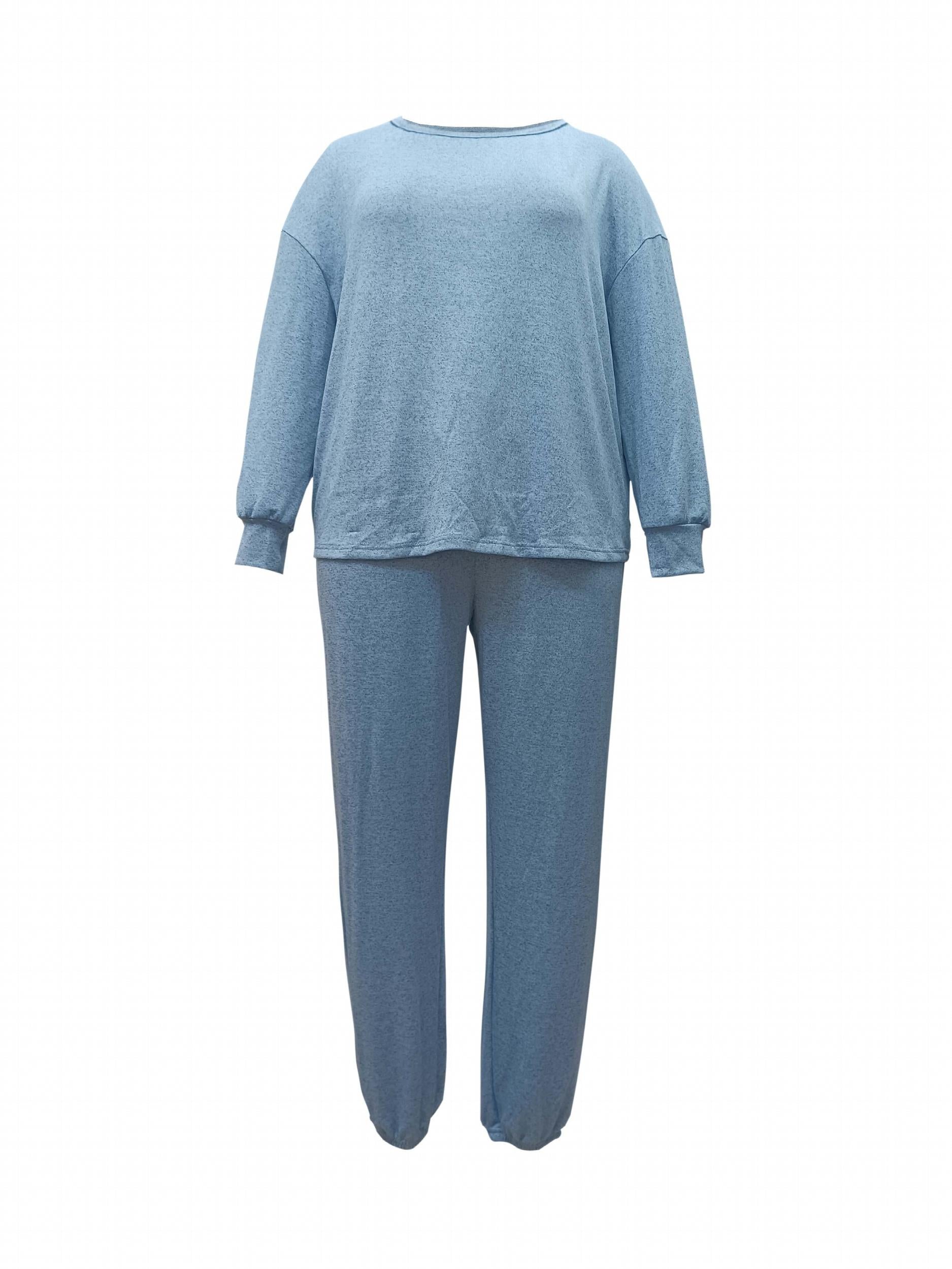  Solid Long Sleeve Top & Pants Outfit Set