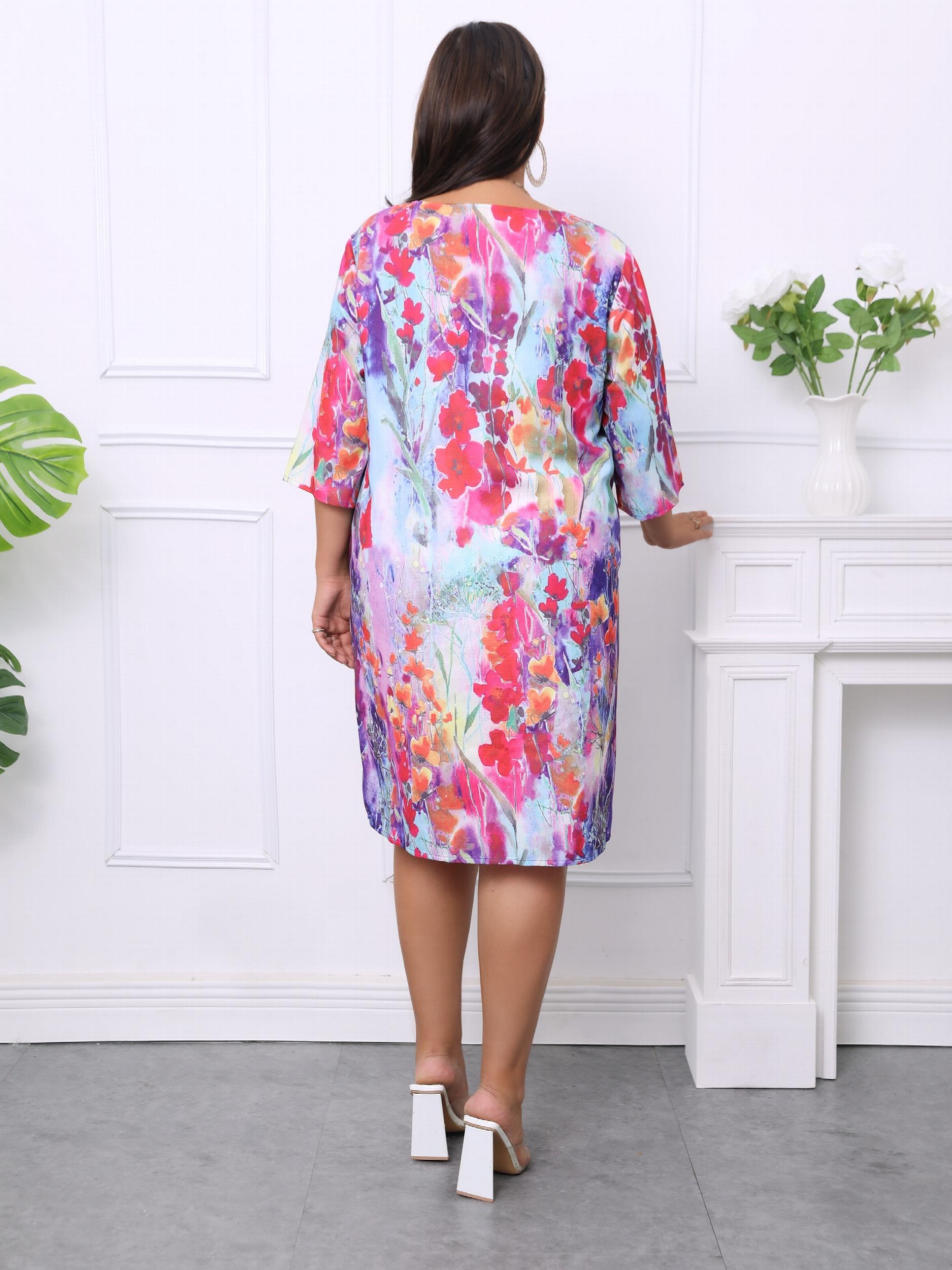 Floral Print Half Sleeve Tee Dress With Pockets
