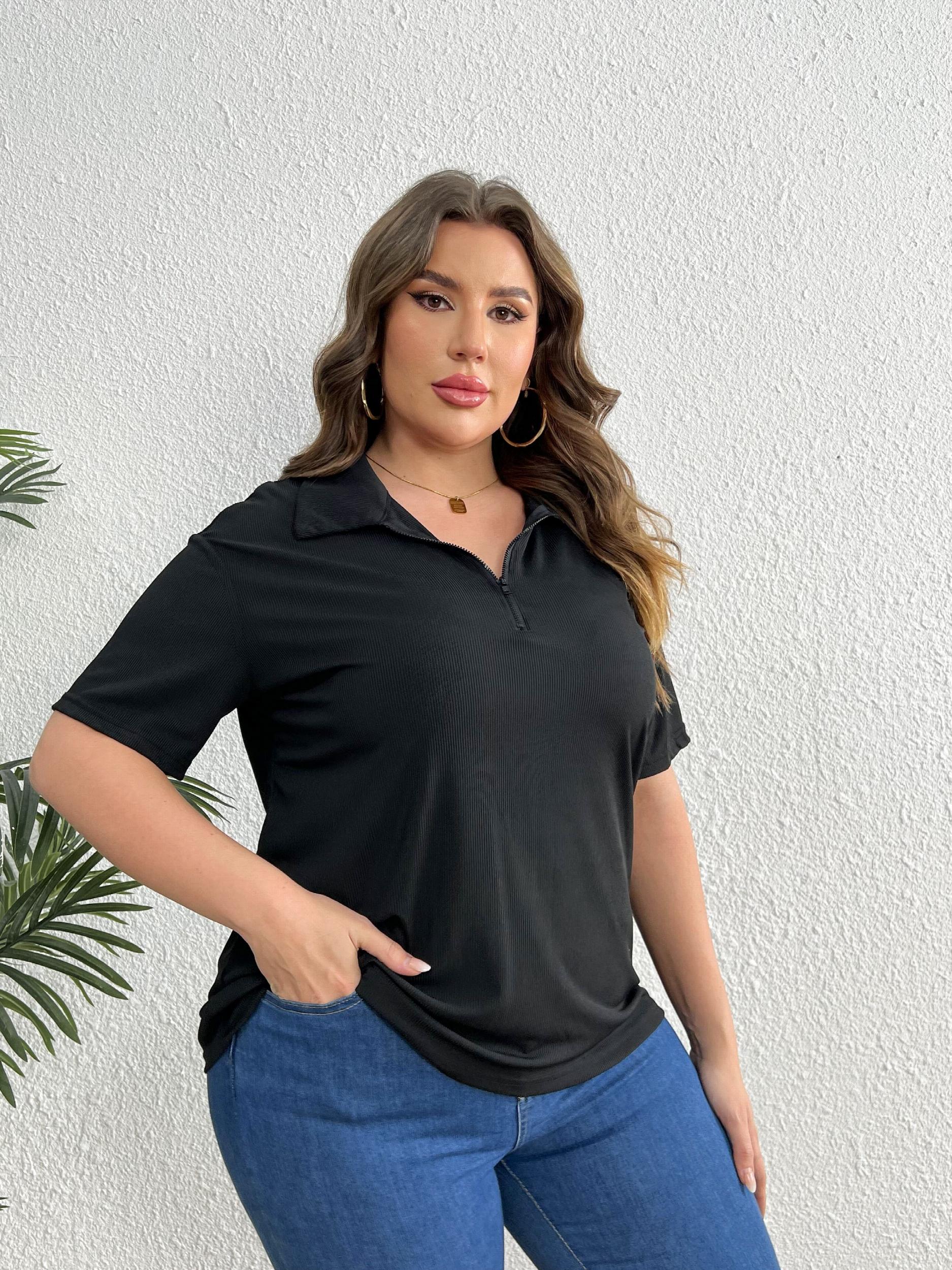  Solid Ribbed Half Zipper Short Sleeve Blouse