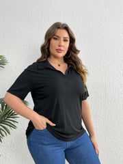  Solid Ribbed Half Zipper Short Sleeve Blouse