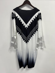  Colorblock Ombre Print Mesh Sleeve V Neck Fit Dress