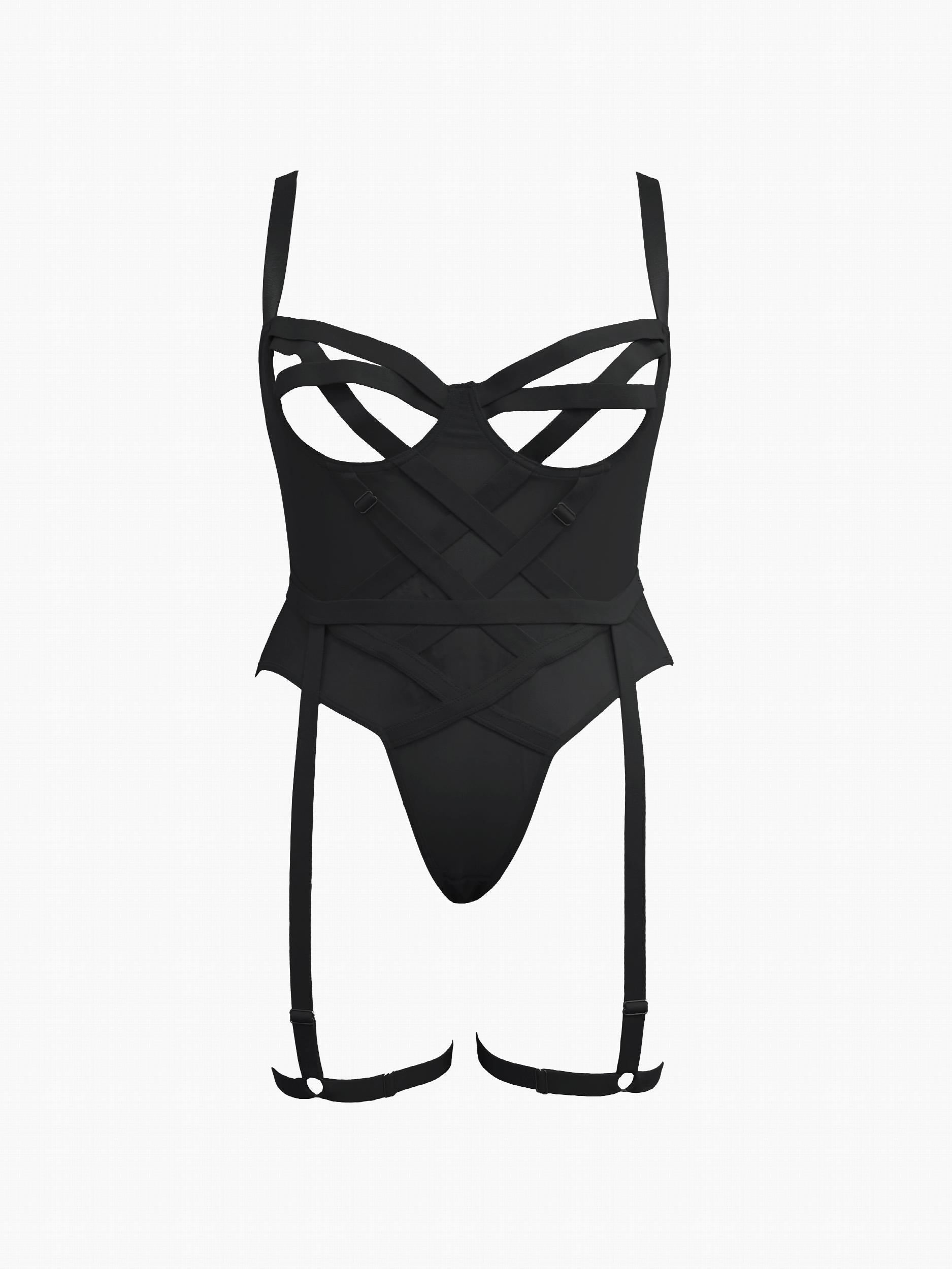 Open Cup Crisscross Mesh Gartered Teddy Bodysuit