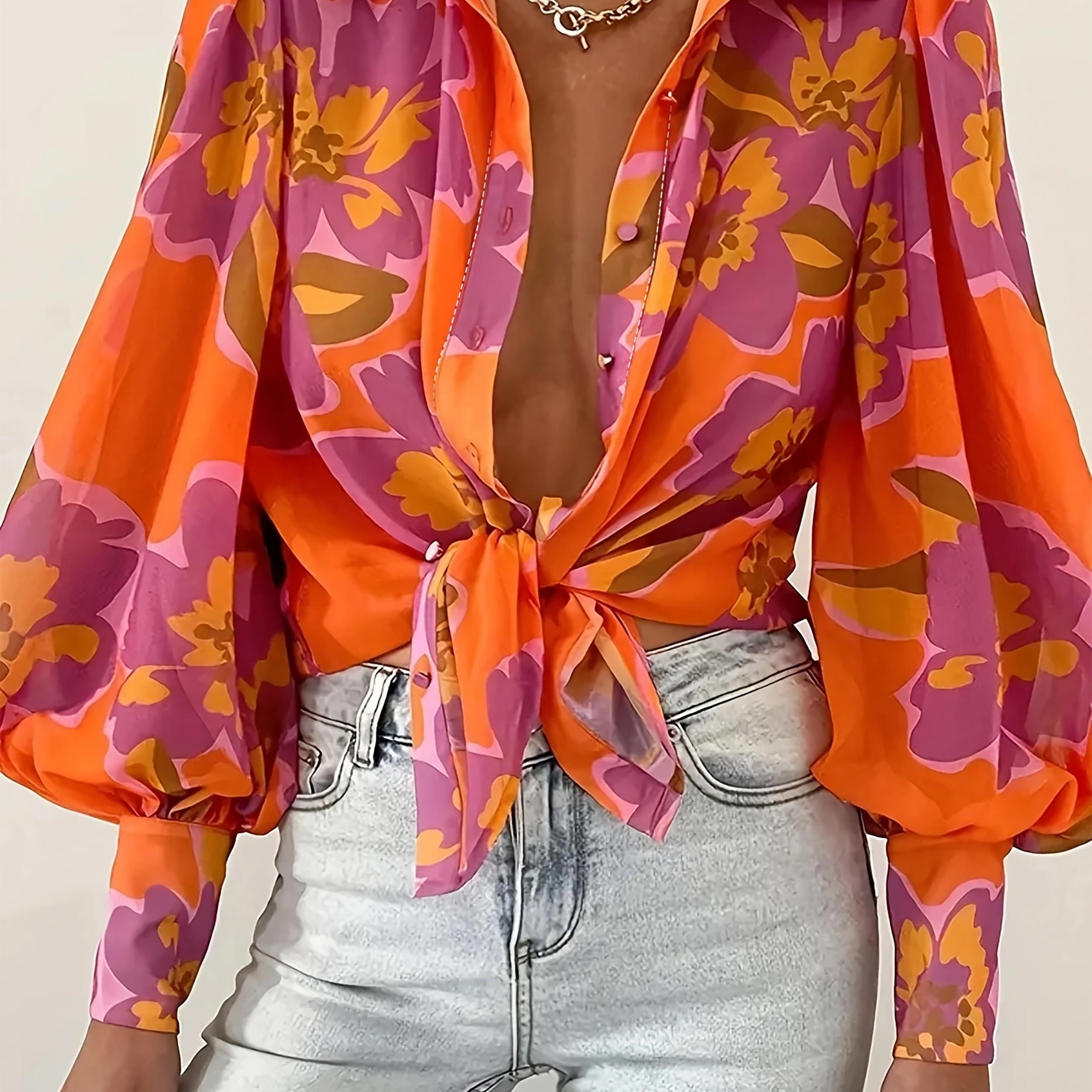  Floral Print Button Up Lantern Sleeve Blouse