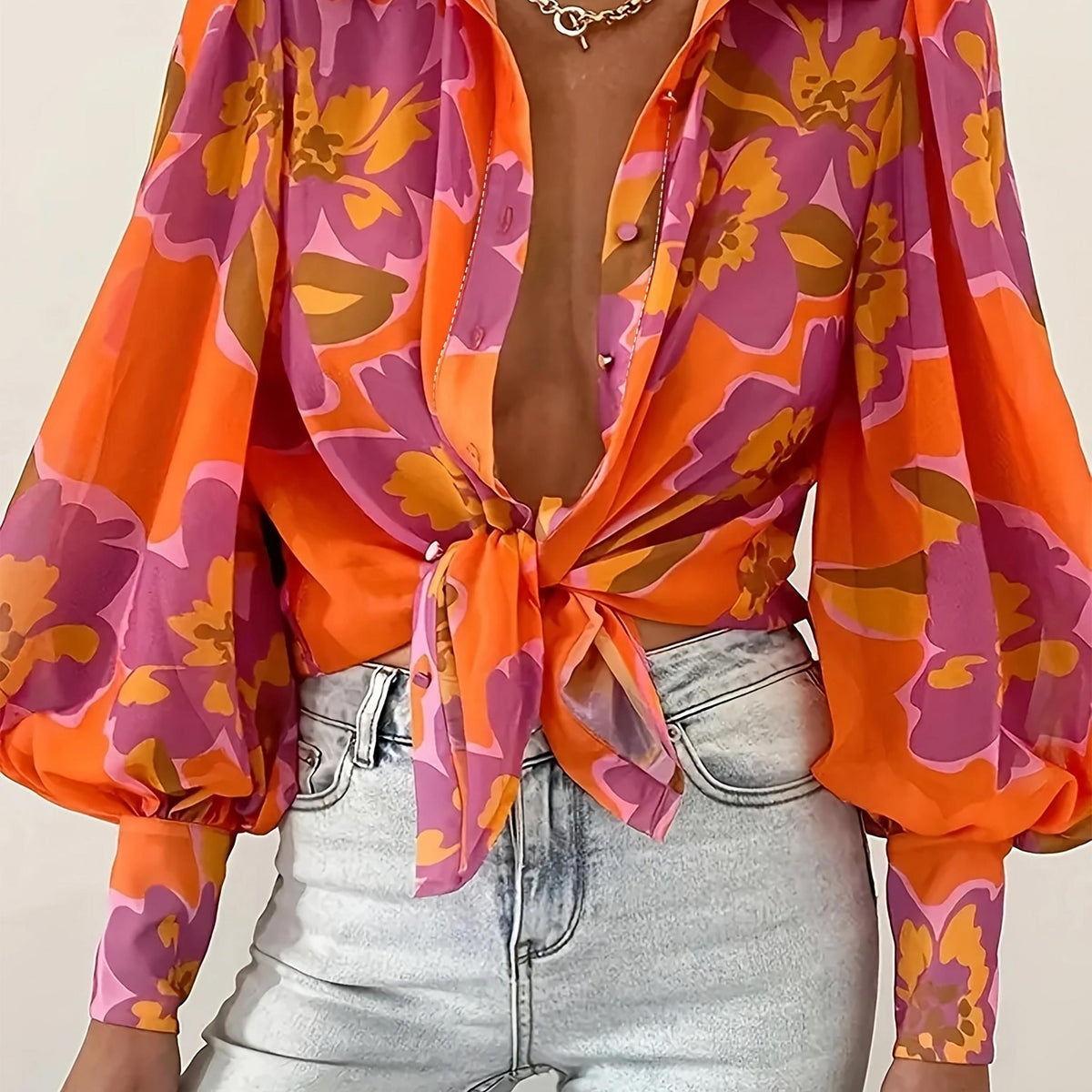  Floral Print Button Up Lantern Sleeve Blouse