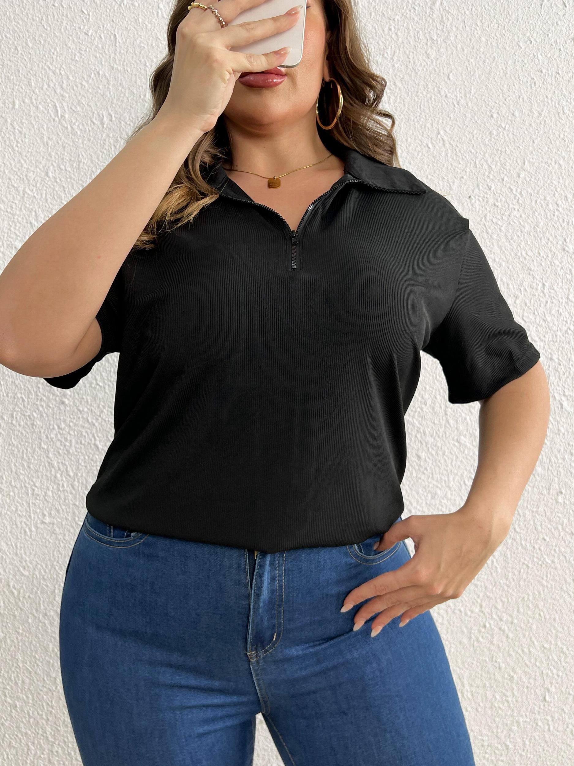  Solid Ribbed Half Zipper Short Sleeve Blouse