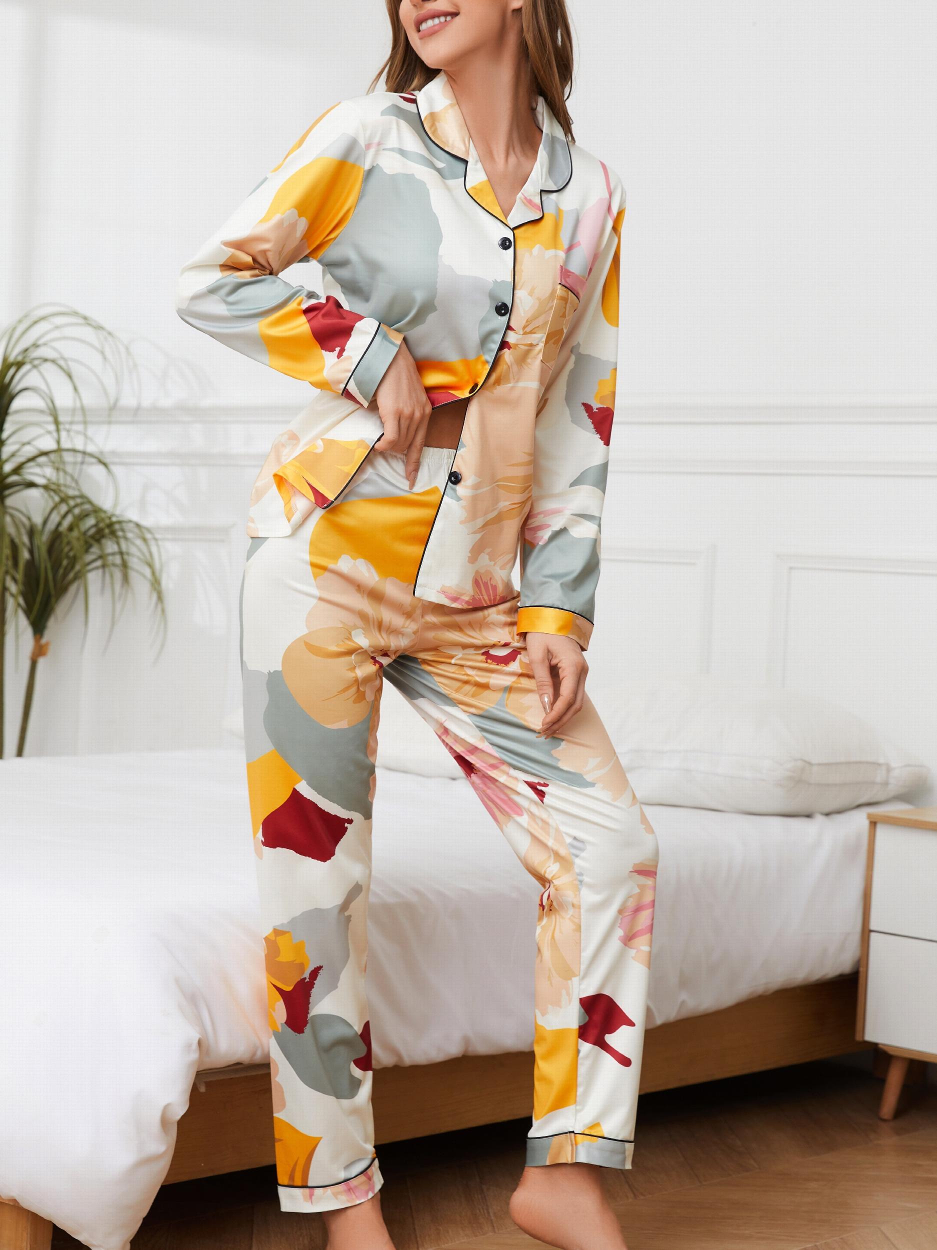 Floral Print Pajama Set Long Sleeve Top & Elastic Waistband Pants
