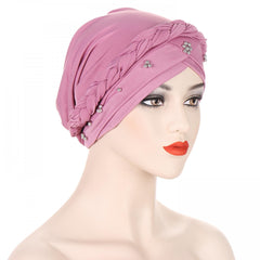 Beads Decor Braided Turban Cap Elastic Hijab Hat Lightweight Head Wraps