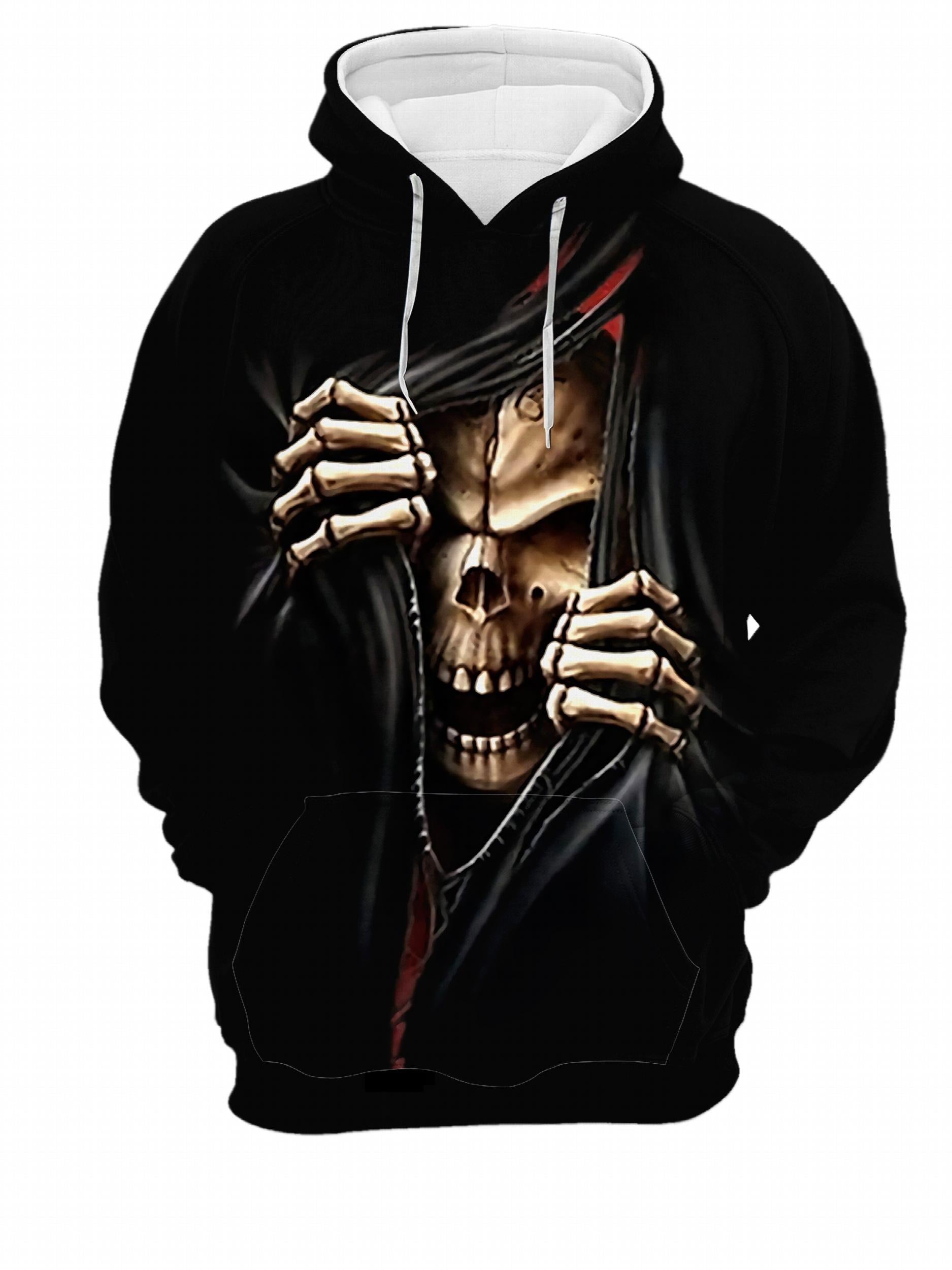Skull Print Hoodie for Men, Graphic Hooded Sweatshirt, Streetwear
