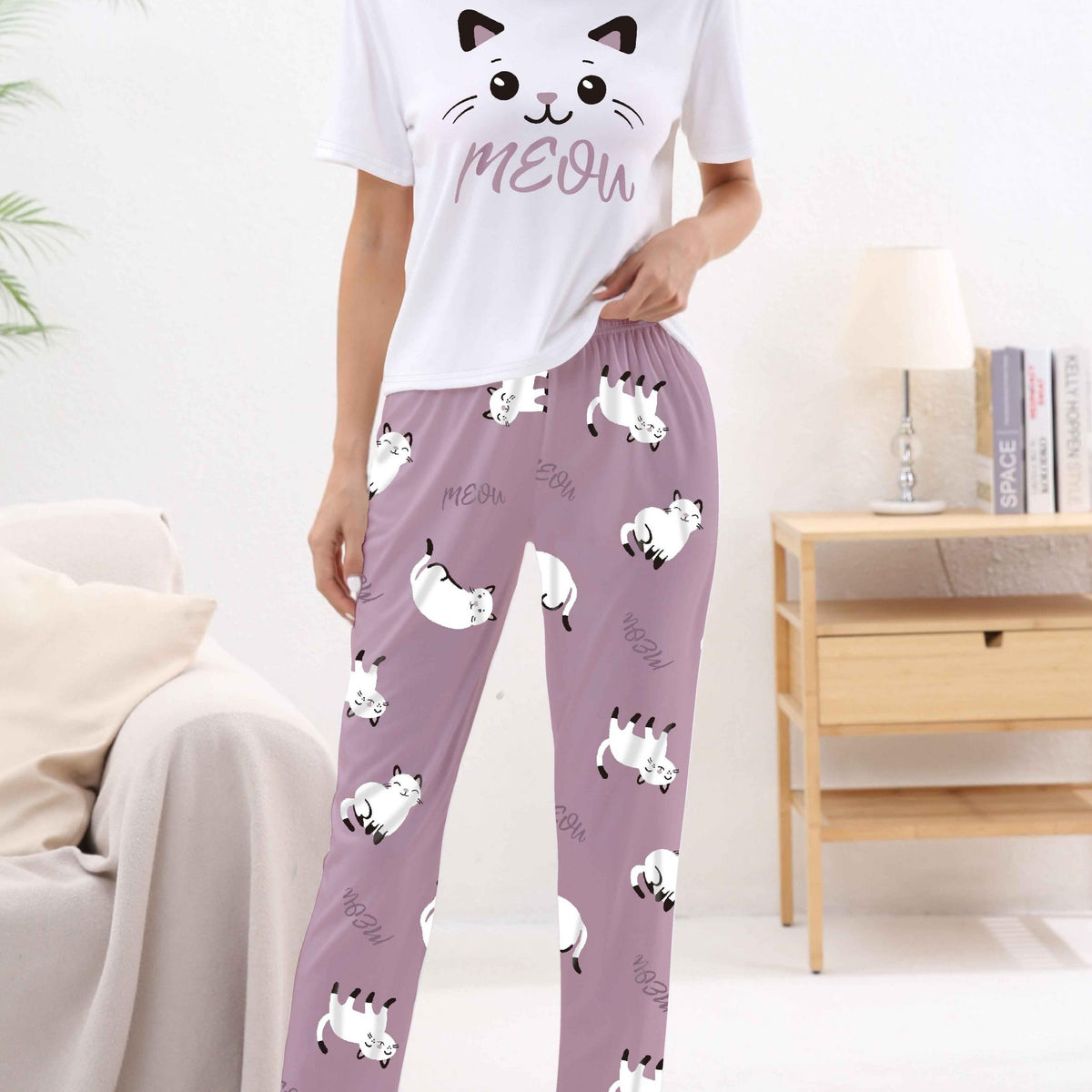 Cat Print Pajama Set Short Sleeve Crew Neck Top & Pants Women's Sleepwear