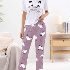Cat Print Pajama Set Short Sleeve Crew Neck Top & Pants Women's Sleepwear