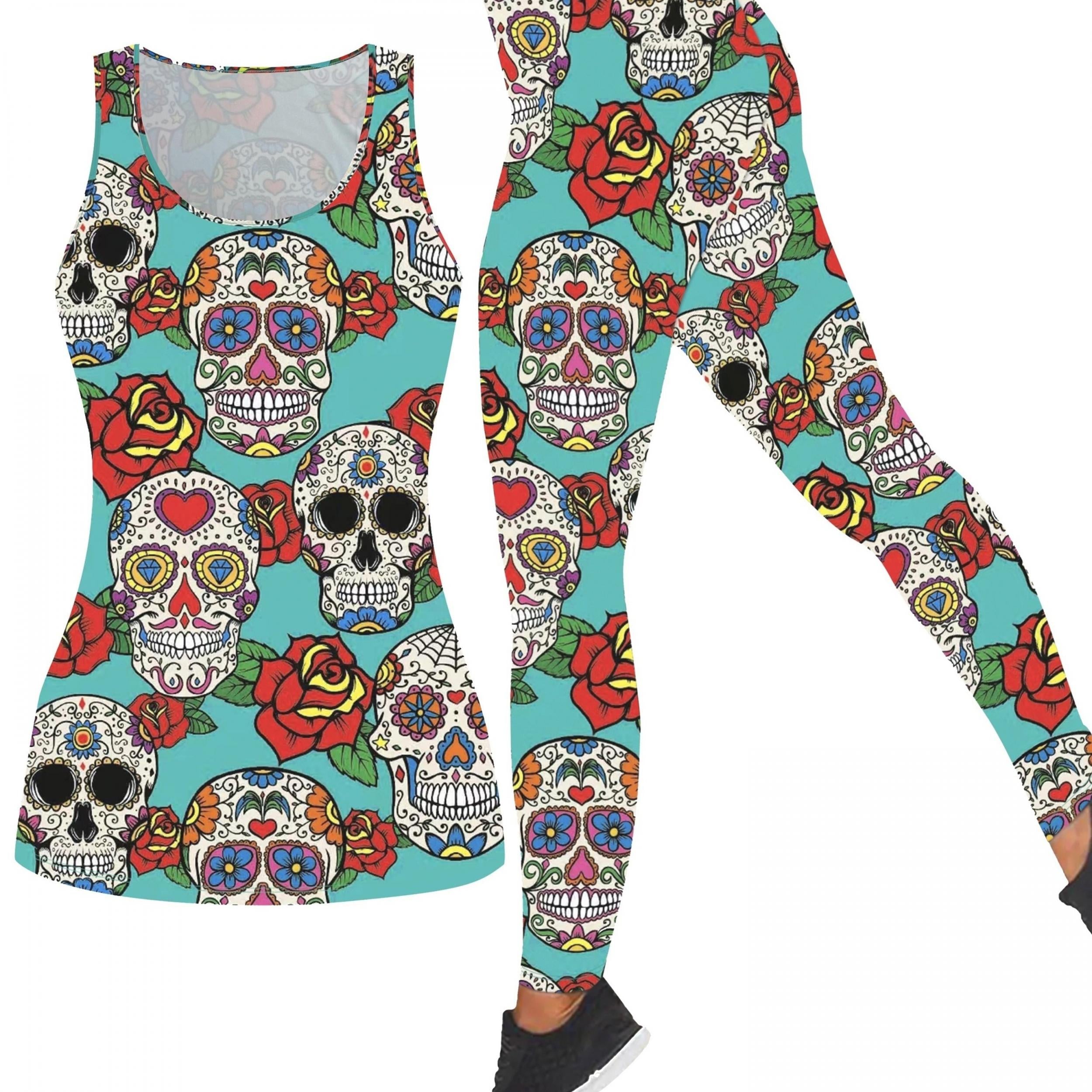  Halloween Casual Outfits 2 Piece Set Skull & Floral Tank Top Leggings