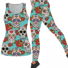  Halloween Casual Outfits 2 Piece Set Skull & Floral Tank Top Leggings