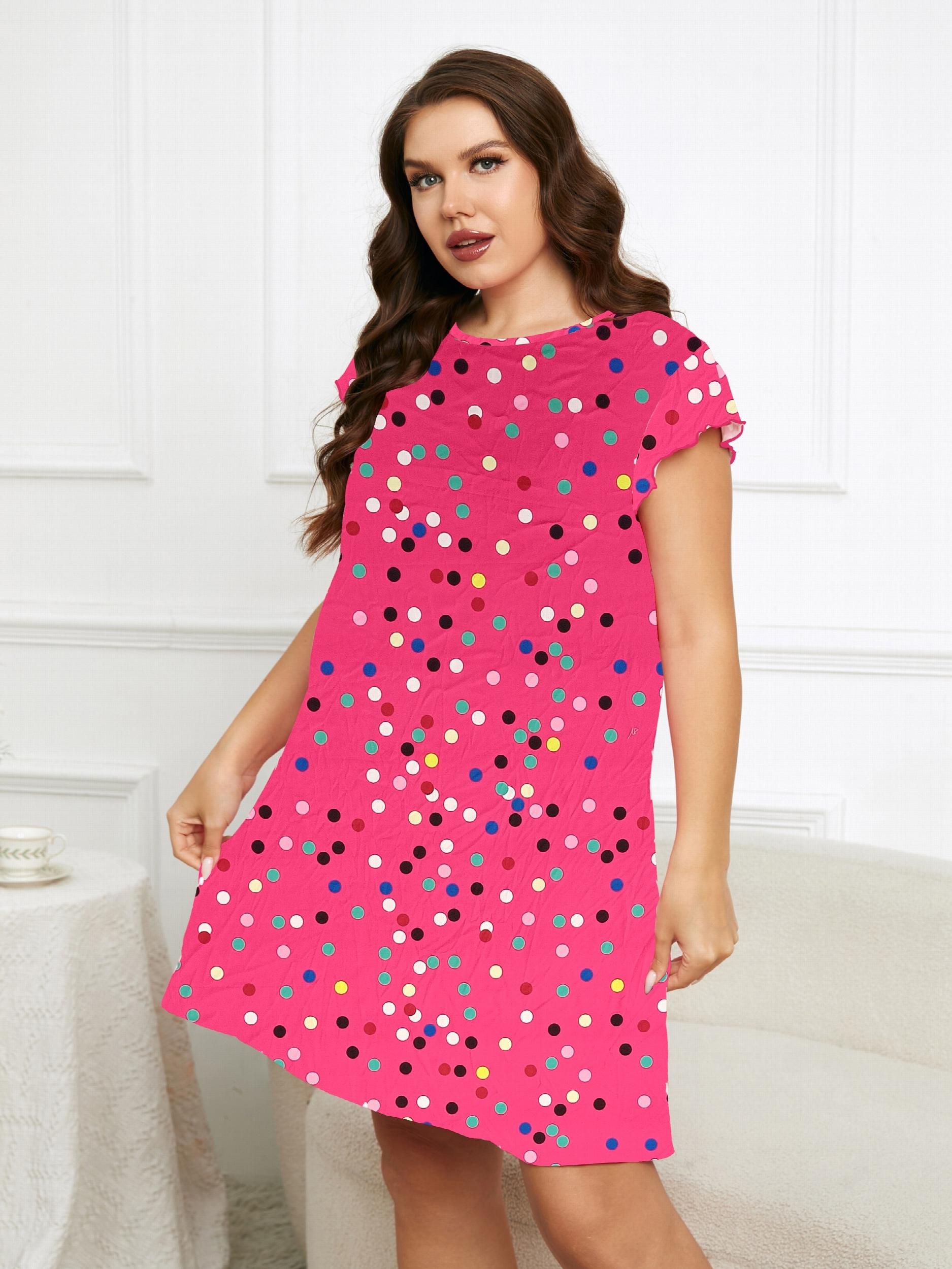  Polka Dots Print Loungewear Dress Women's Plus Home Wear Dress