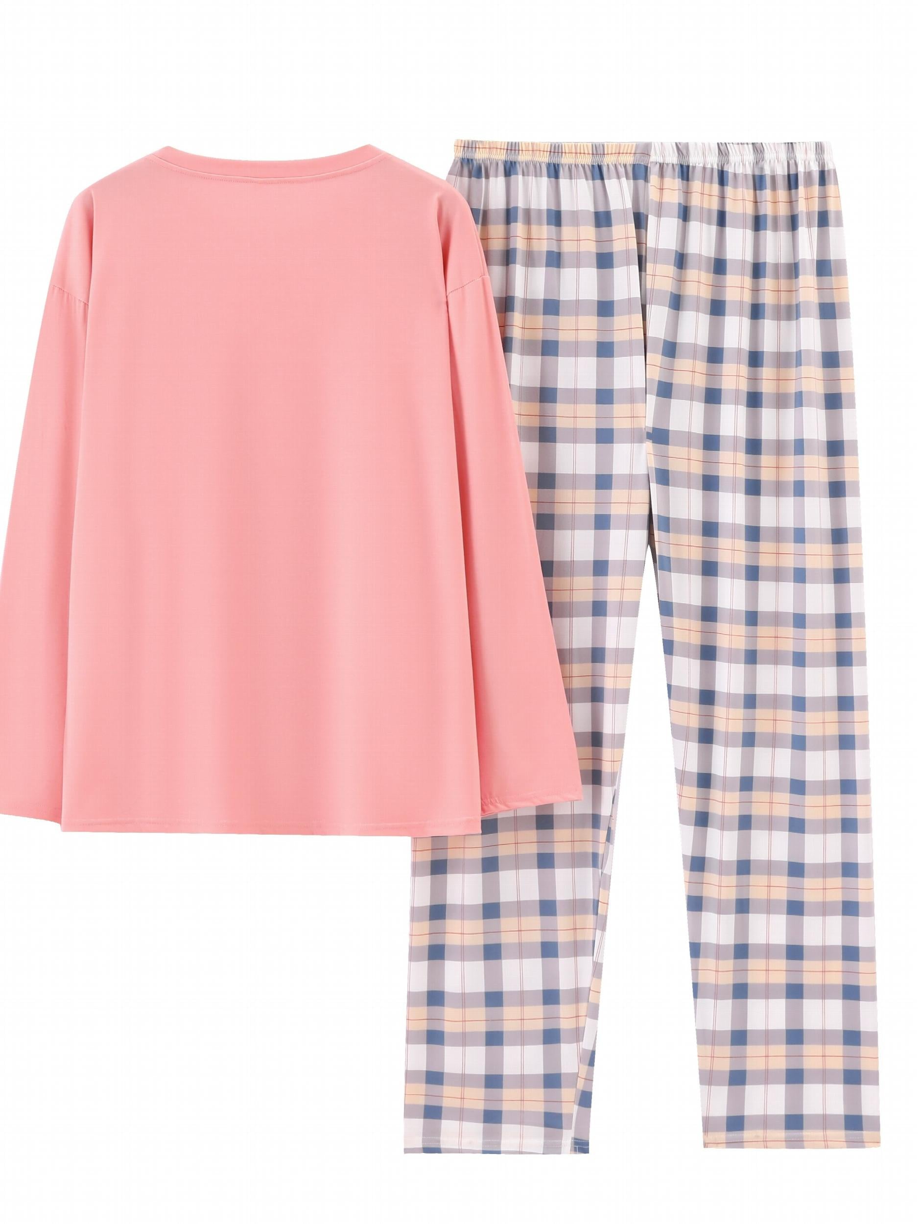 Casual Pajamas Set Women's Soft Tee & Plaid Pants 2pcs Set