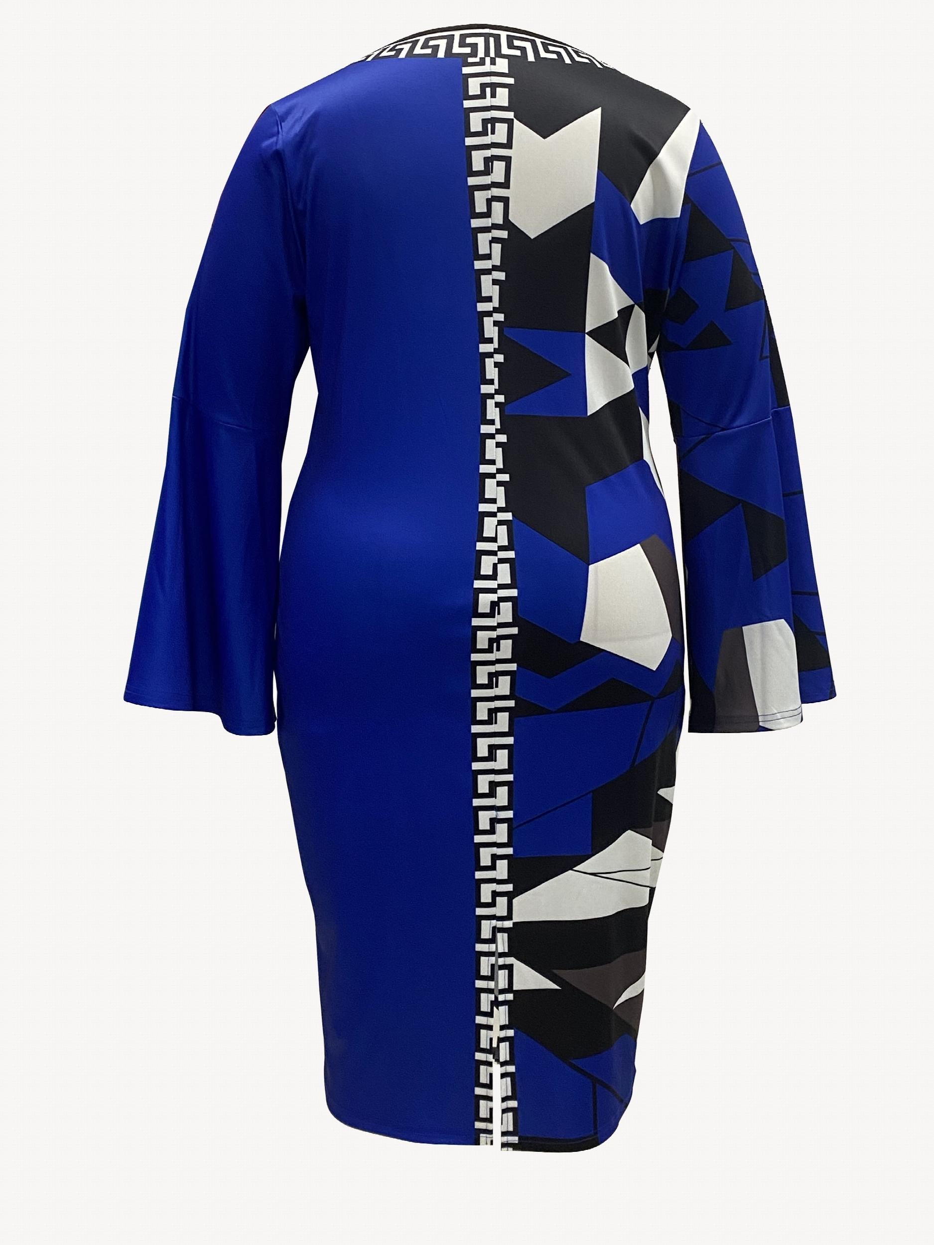  Colorblock Print Bell Sleeve Dress