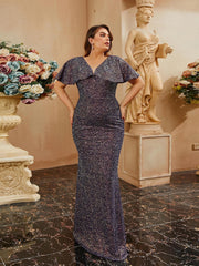  Mermaid Bridesmaid Dress V Neck Cap Sleeve Sequin Shinny Floor Length