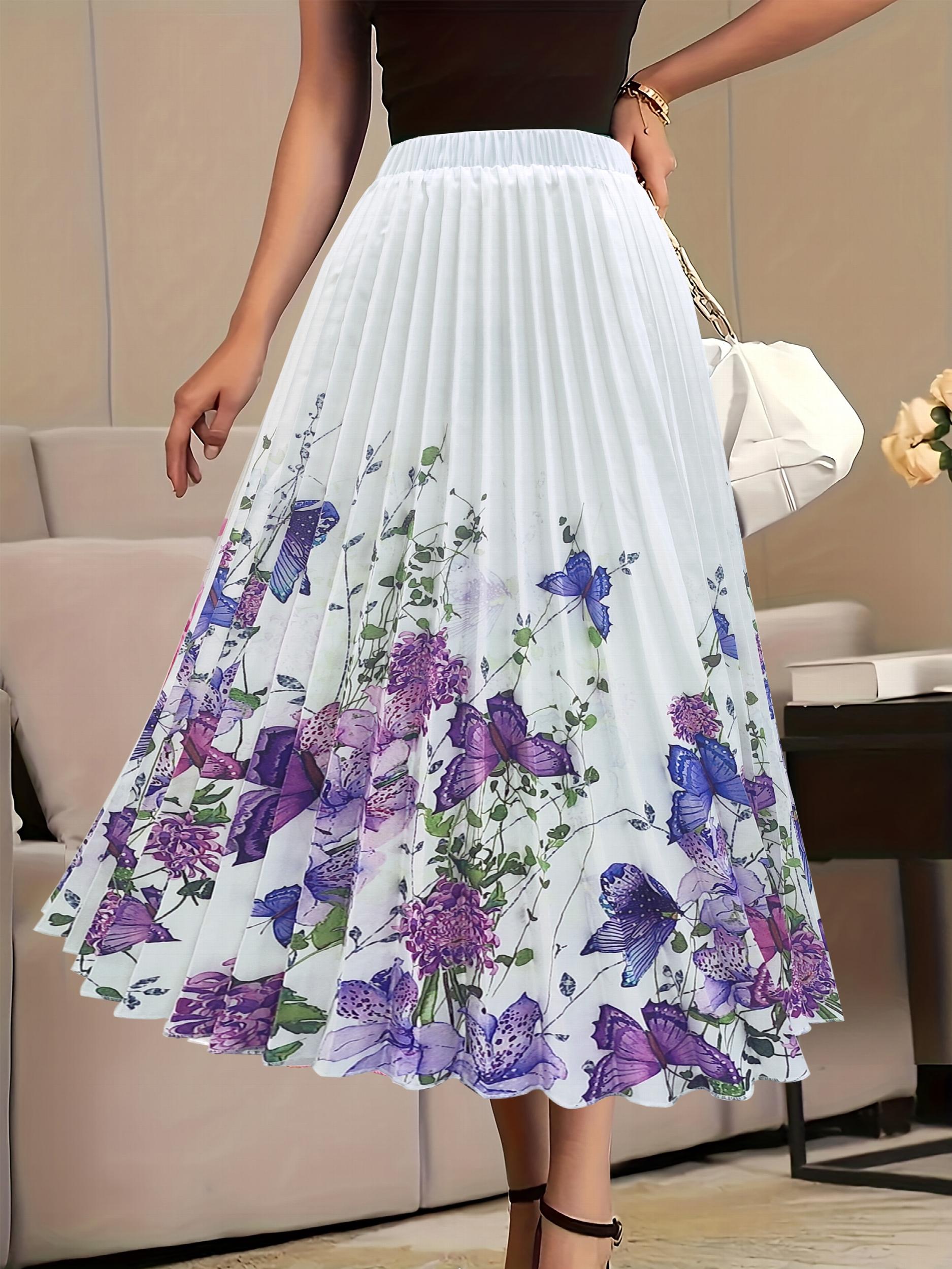 Floral Print Elastic High Rise Pleated Plus Size Maxi Skirt