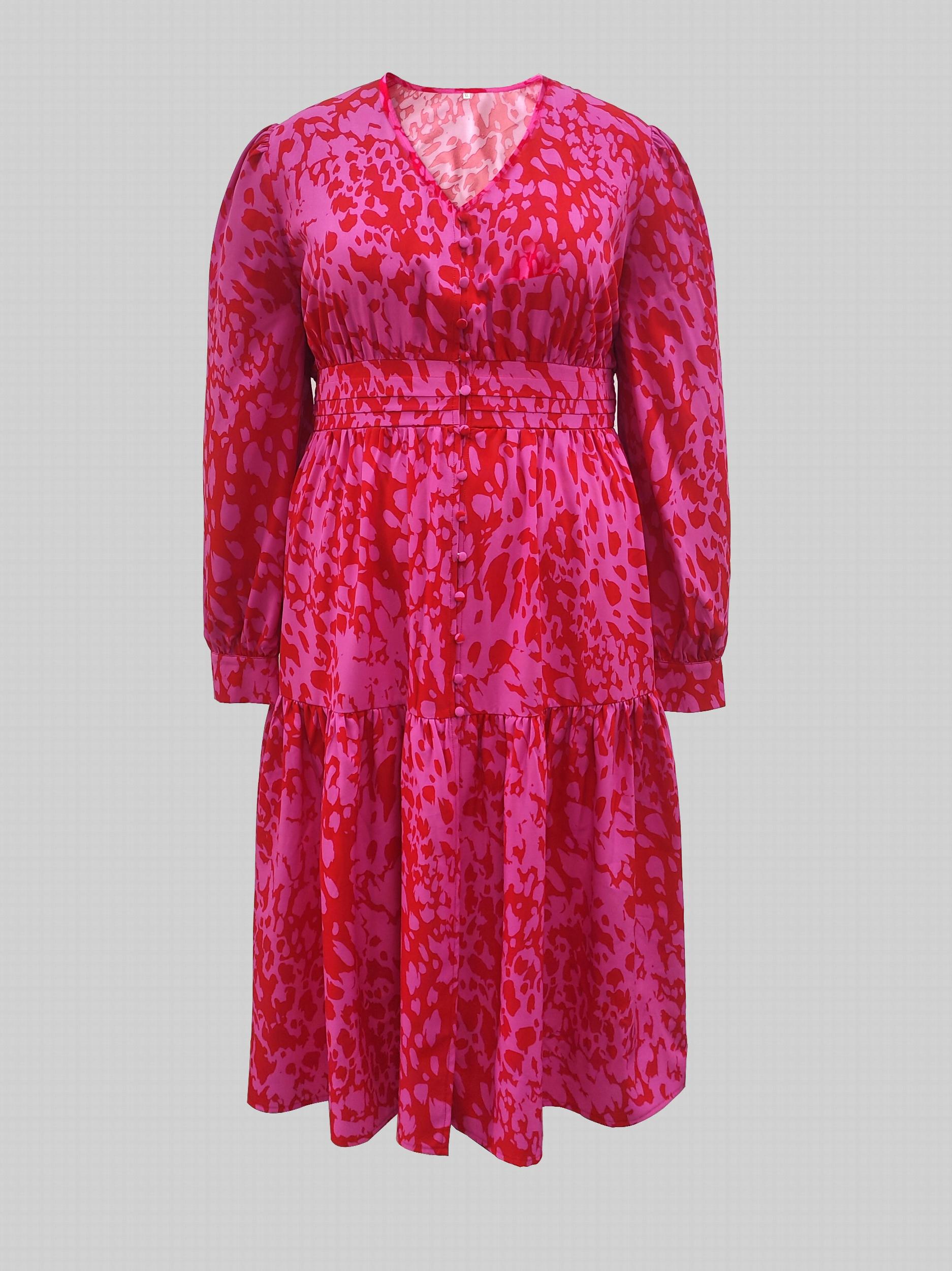  Allover Print Button Decor Midi Smock Dress
