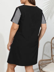  Colorblock Stripe & Dot Print Short Sleeve Loose Fit Dress