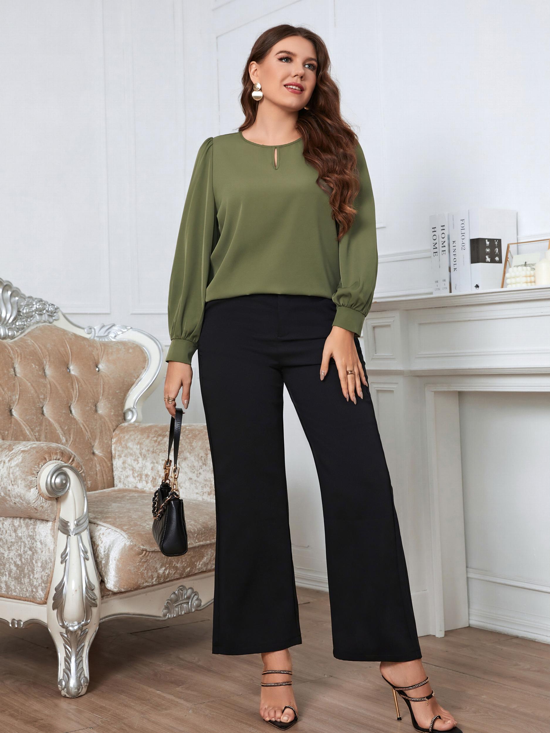  Casual Blouse Solid Puff Sleeve Keyhole Round Neck Top