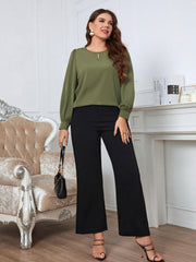  Casual Blouse Solid Puff Sleeve Keyhole Round Neck Top