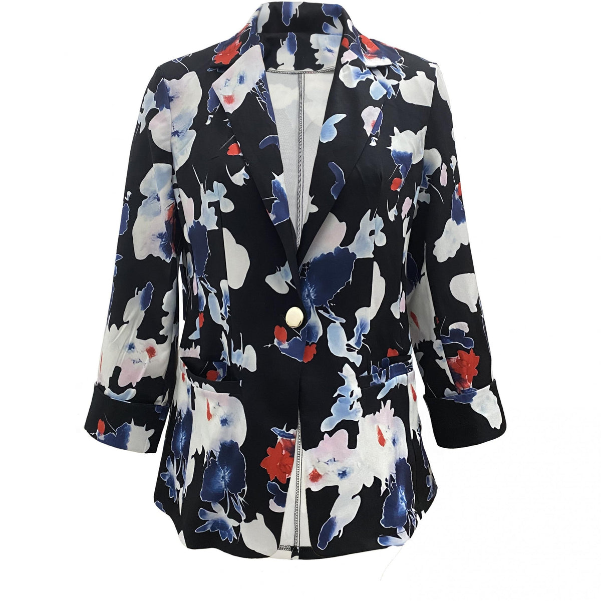 Floral Print Button Front Blazer Lapel Long Sleeve Blazer For Office & Work