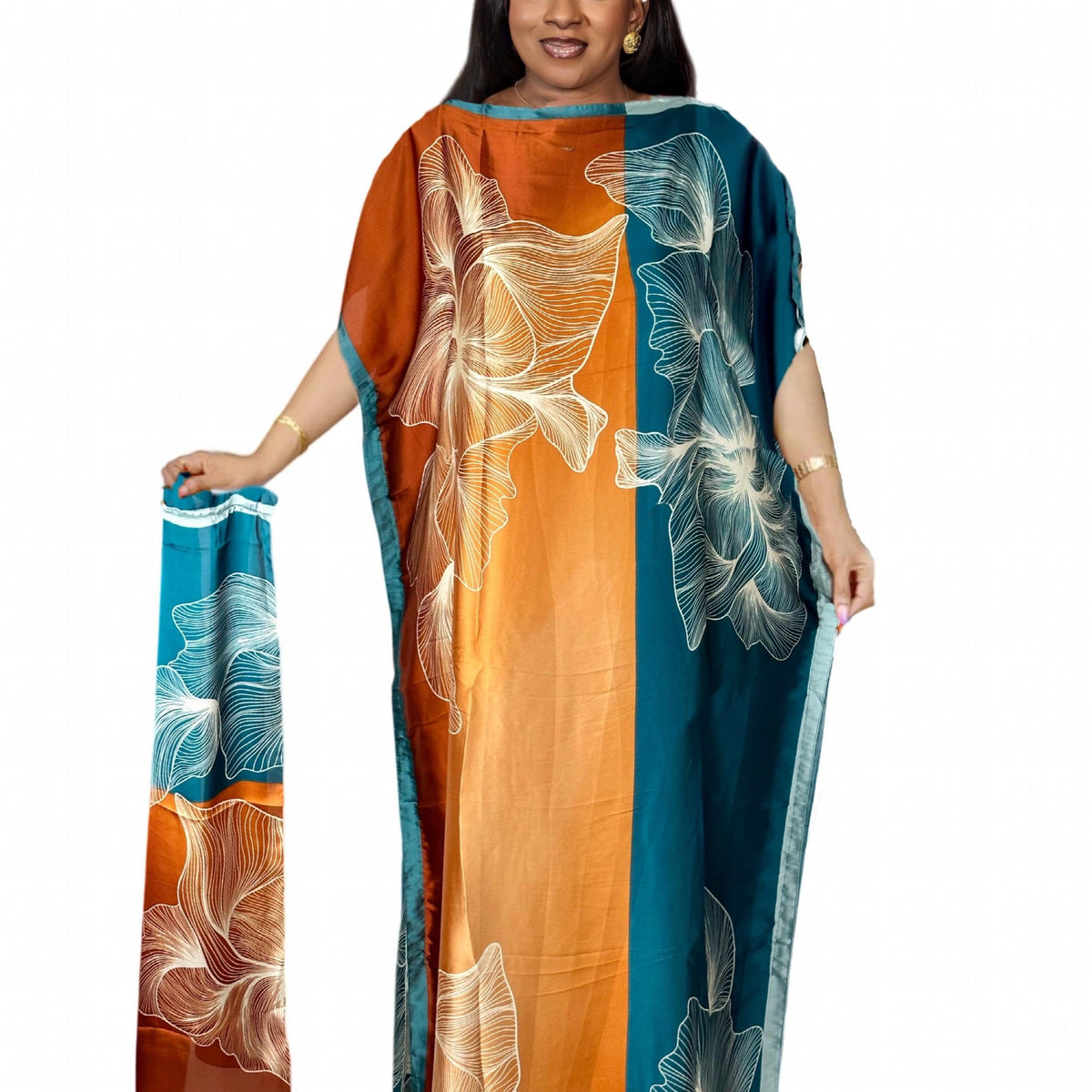  Colorblock Floral Print Kaftan Dress