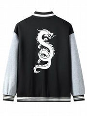 Dragon Print Casual Varsity Jacket Men's Lightweight Button Up Jacket