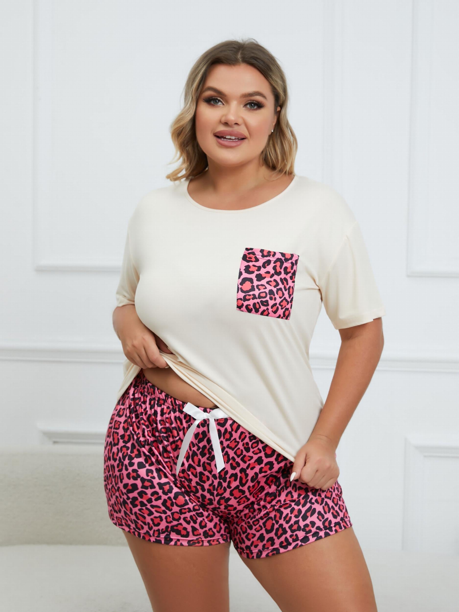  Leopard Print Tee & Bow Knot Shorts Pajama Set