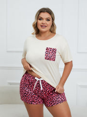  Leopard Print Tee & Bow Knot Shorts Pajama Set