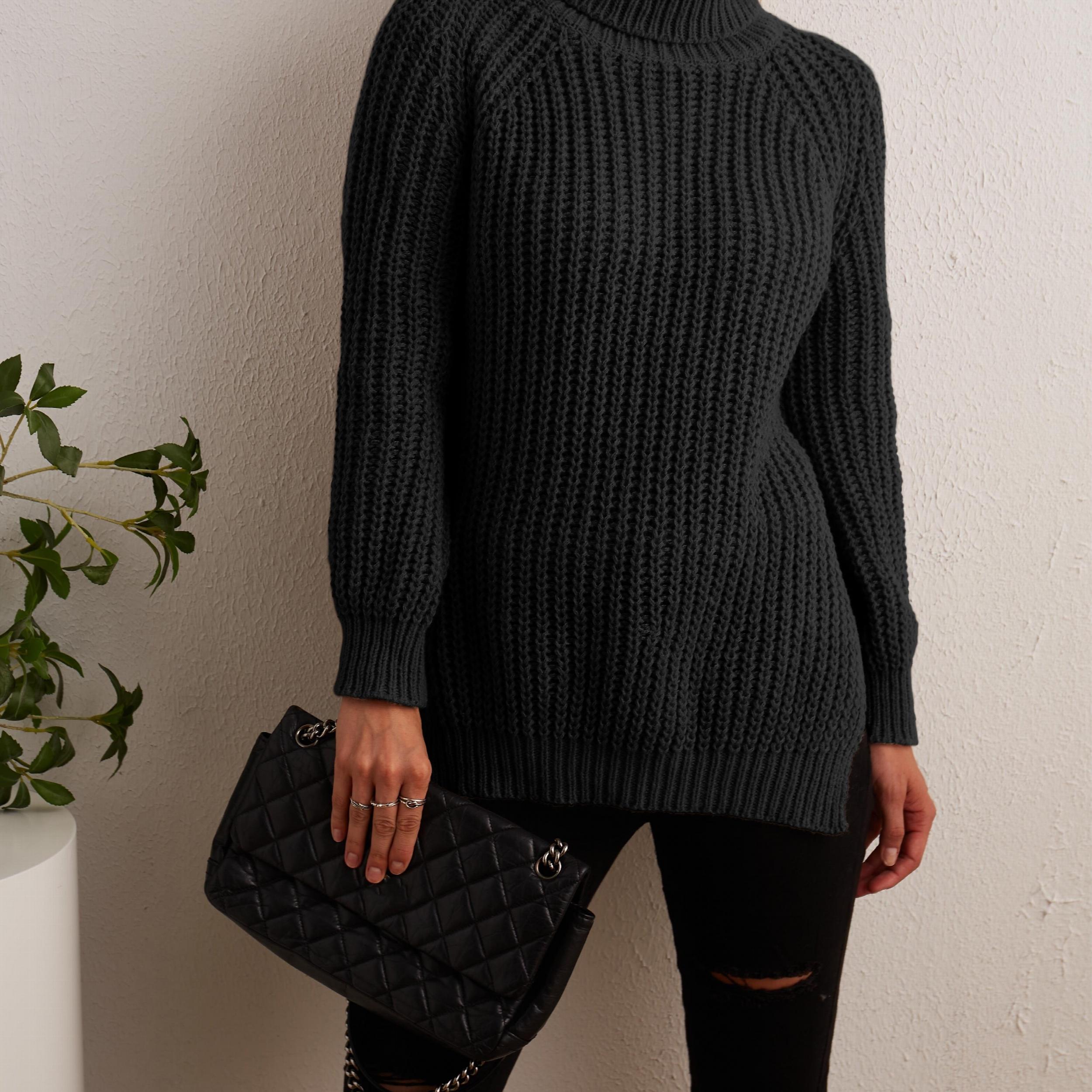 Oversized Turtleneck Sweater with Side Slit - Women's Clothing