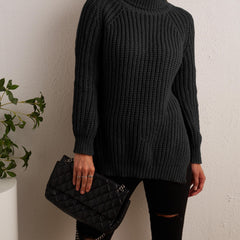 Oversized Turtleneck Sweater with Side Slit - Women's Clothing