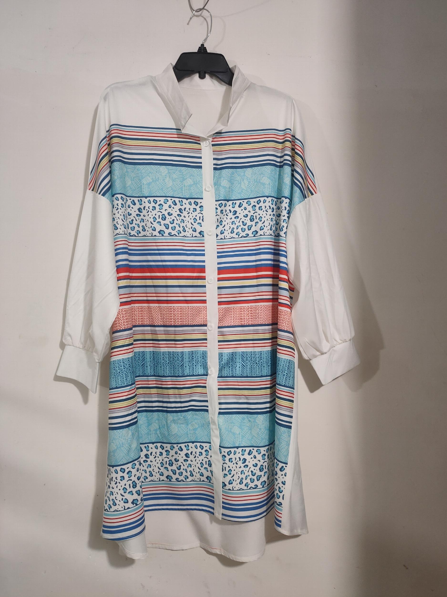 Colorblock Stripe & Leopard Print Button Up Shirt Dress