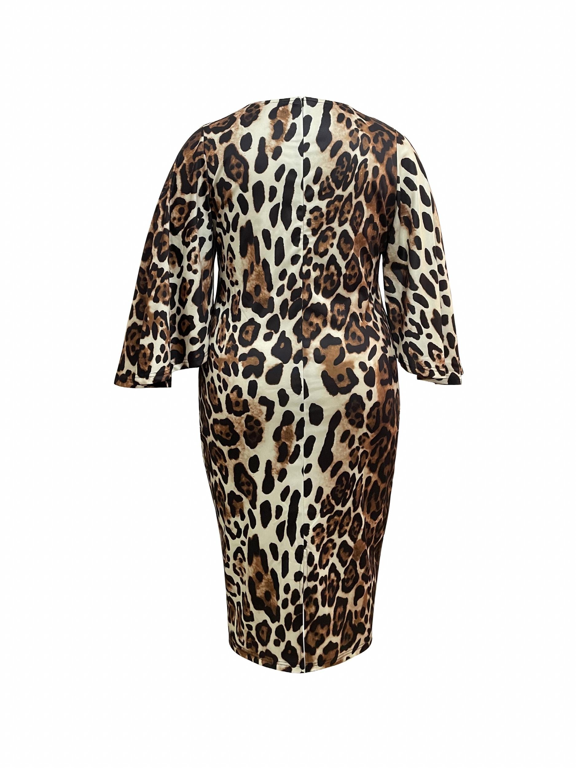  Leopard Print Bell Sleeve Round Neck Dress