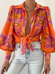  Floral Print Button Up Lantern Sleeve Blouse