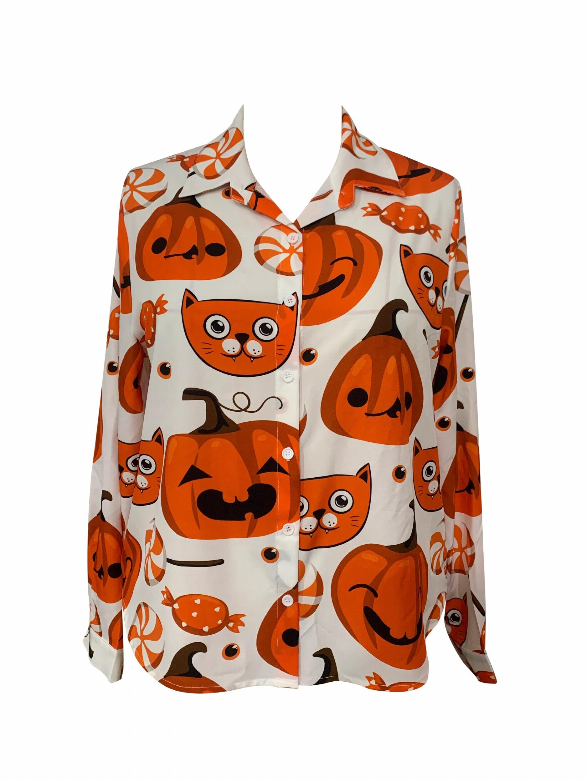  Cat & Pumpkin Print Button Up Long Sleeve Blouse