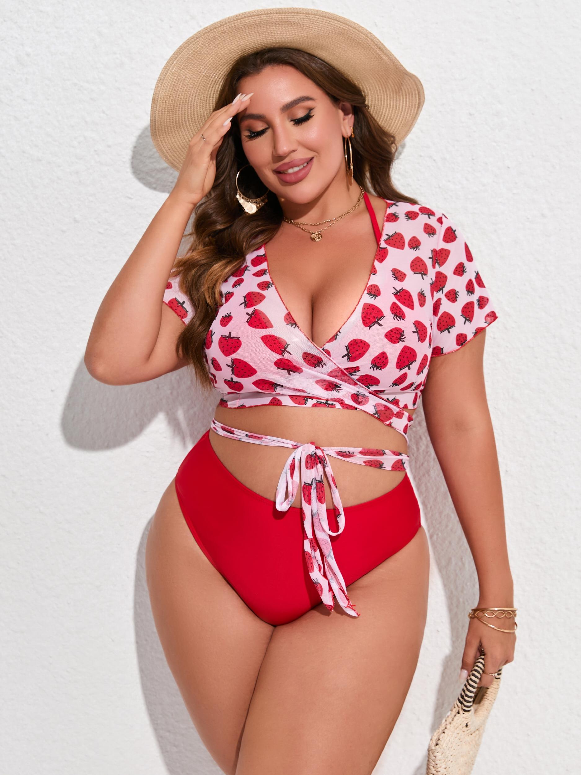  Strawberry Print Swimsuit Set Women's High Stretch 2pcs Set