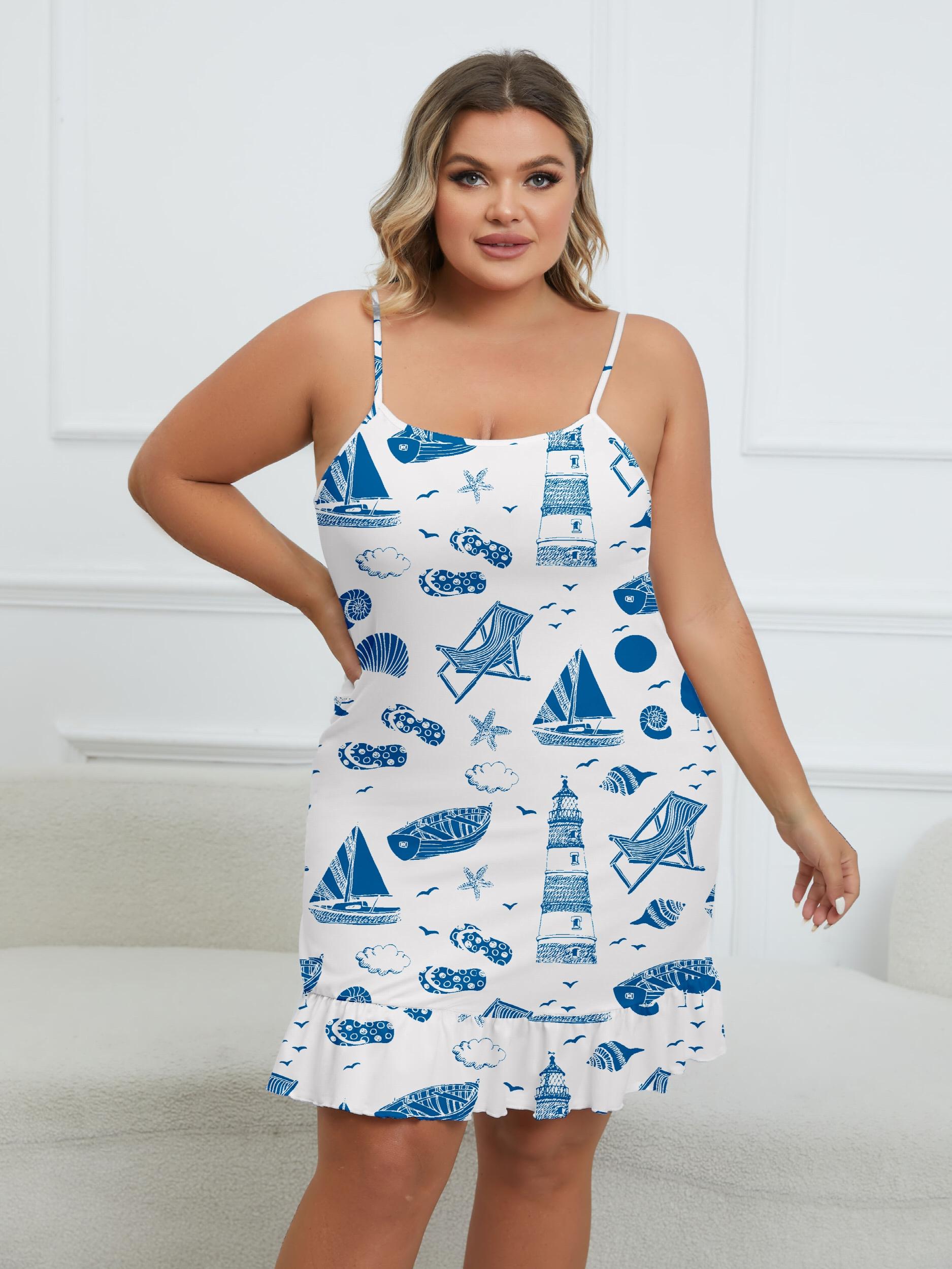  Boho Loungewear Dress - Beach Print Ruffle Trim Sleep Dress